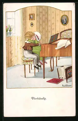 Künstler-AK Pauli Ebner: Kinder küssen sich am Klavier