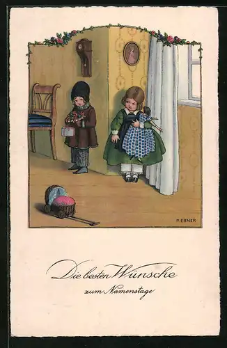 Künstler-AK Pauli Ebner: Junge mit Blumen und Geschenk zum Namenstag