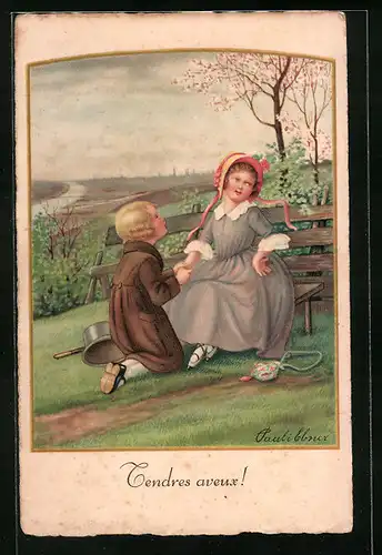 Künstler-AK Pauli Ebner: Junge geht vor seiner Liebsten auf die Knie