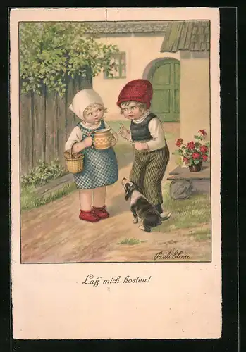 Künstler-AK Pauli Ebner: Kinder mit Milchkrug und Hund