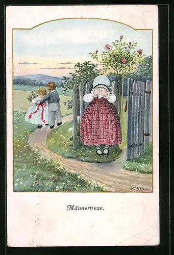 Künstler-AK Pauli Ebner: Mädchen weint um ihren Liebsten