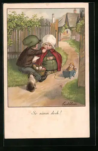 Künstler-AK Pauli Ebner: Junge füttert Mädchen mit Süssigkeiten