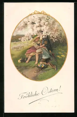 Künstler-AK Pauli Ebner: Kinder mit Osterkorb unter blühendem Baum