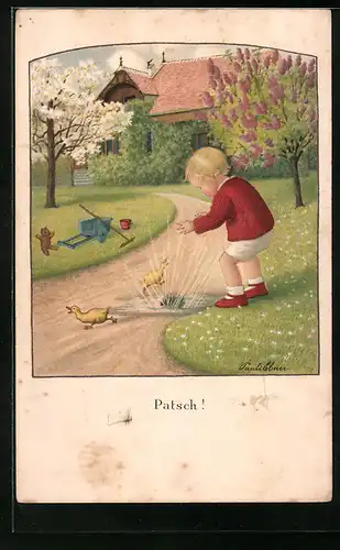 Künstler-AK Pauli Ebner: Junge lässt einen Stein in eine Pfütze platschen