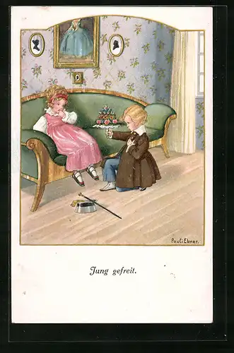 Künstler-AK Pauli Ebner: Junge schenkt einem Mädchen kniend Blumen