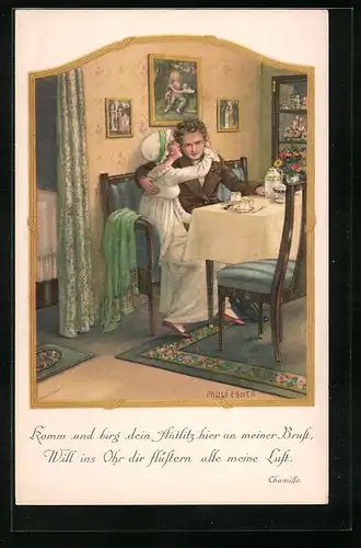 Künstler-AK Pauli Ebner: Verliebtes Paar beim Kaffee in der guten Stube