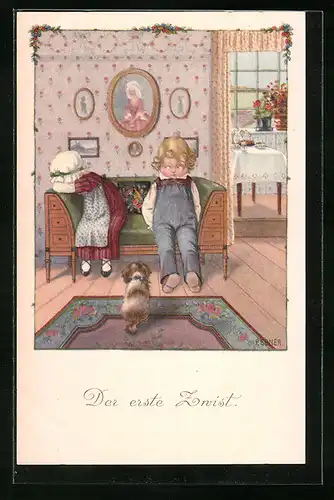 Künstler-AK Pauli Ebner: Weinendes Mädchen und Junge auf einem Sofa