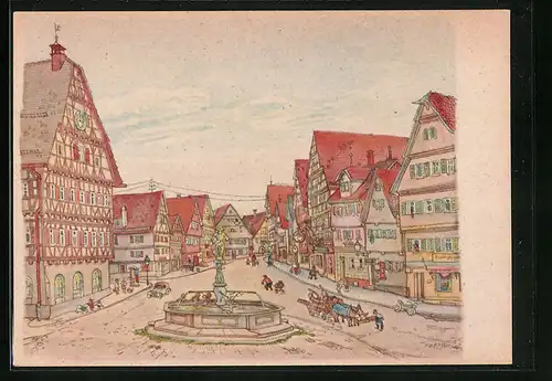 Künstler-AK Leonberg, Bunte Häuser am Marktplatz