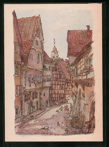 Künstler-AK Leonberg, Alte Häuser an der Schmalzgasse