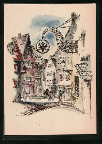 Künstler-AK Leonberg, Gasthaus am Schwarzen Adler