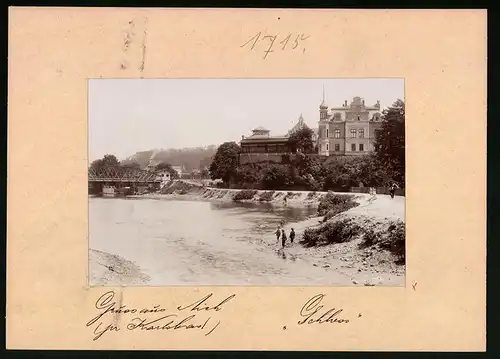 Fotografie Brück & Sohn Meissen, Ansicht Aich bei Karlsbad, Schloss & Flusspartie