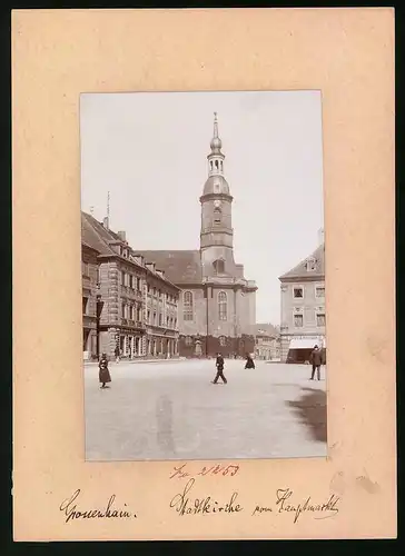 Fotografie Brück & Sohn Meissen, Ansicht Grossenhain, Marktplatz mit Germania-Drogerie und Stadtkirche