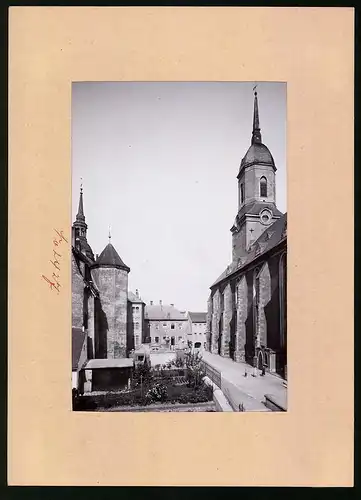 Fotografie Brück & Sohn Meissen, Ansicht Rosswein, Klosterkellerturm, Kirche & Rathaus