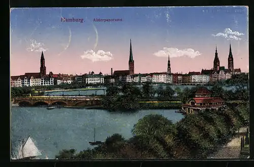 AK Hamburg, Alsterpanorama mit Türmen