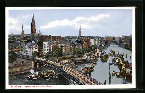 AK Hamburg-Harburg, Hochbahn über dem Hafen, Boote