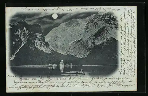 Mondschein-AK St. Bartholomä, Ort am See vor Bergpanorama, Vollmond
