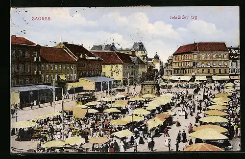 AK Zagreb, Marktplatz mit Ständen