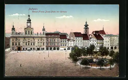 AK Budweis, Kaiser-Franz-Josef-Platz mit Rathaus