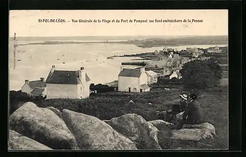 AK St-Pol-de-Léon, Vue Générale de la Plage et du Port de Pempoul au fond embouchure de la Penzez