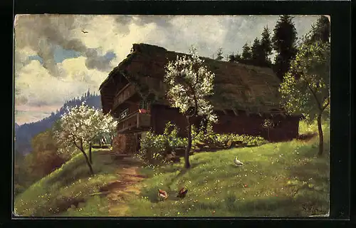 Künstler-AK Heinrich Hoffmann: Bauernhaus im Schwarzwald im Frühling
