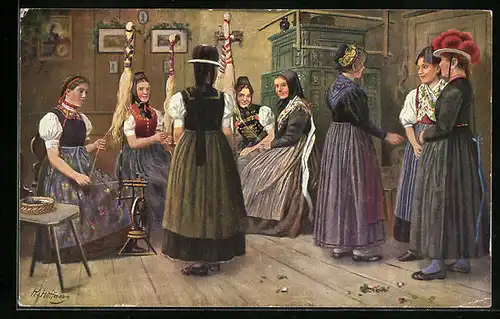 Künstler-AK Heinrich Hoffmann: Frauen in der Spinnstube im Schwarzwald