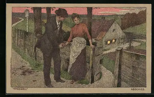 Künstler-Lithographie Paul Hey: Mann und Frau beim Abschied