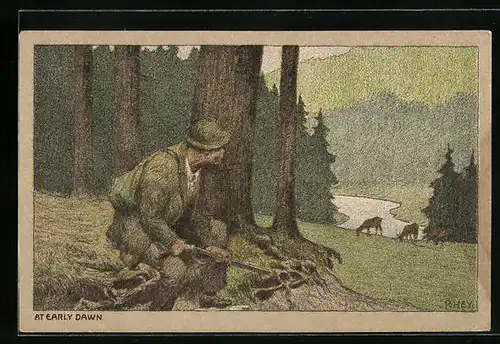 Künstler-Lithographie Paul Hey: At early dawn, Jäger mit Gewehr