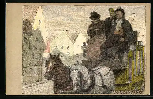 Künstler-Lithographie Paul Hey unsign.: Morgenfahrt auf der Postkutsche