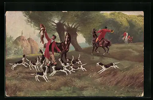 Künstler-AK Robert Kämmerer: Erfolgreiche Hetzjagd, Jäger präsentiert der Meute den Fuchs