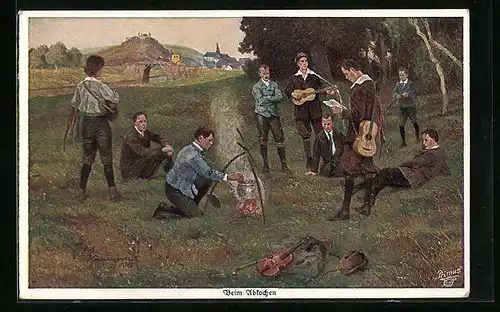 Künstler-AK Robert Kämmerer: Wandernde Musikanten beim Abkochen