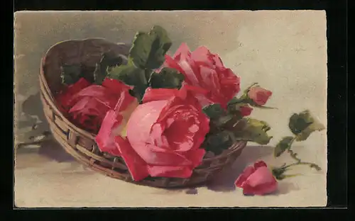 Künstler-AK Catharina Klein: Rote Rosen in einem Bastkörbchen