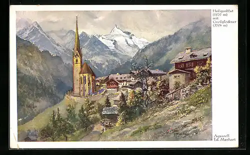 Künstler-AK Eduard Manhart: Heiligenblut, Ortsansicht gegen Grossglockner