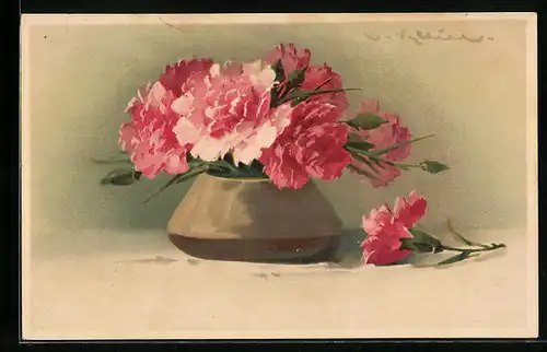 Künstler-AK Catharina Klein: Rosa Nelken in kleiner Vase