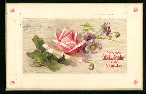 Künstler-AK Catharina Klein: Strauss mit rosa Rose und violetten Blumen