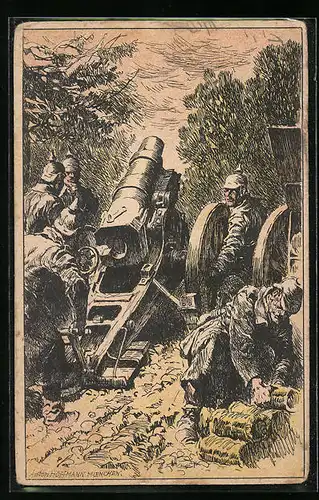 Künstler-AK Anton Hoffmann - München: Artilleristen laden ein schweres Geschütz
