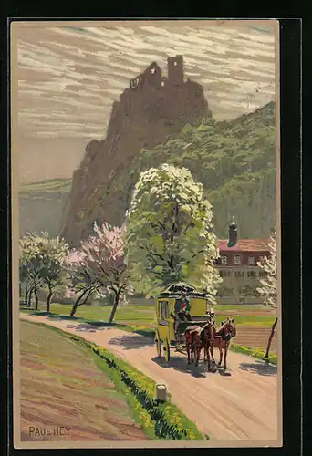 Künstler-Lithographie Paul Hey: Postkutsche passiert eine Burgruine