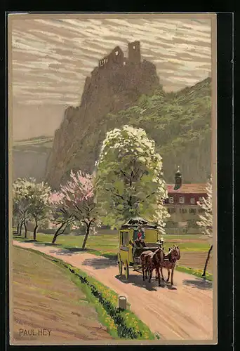 Künstler-Lithographie Paul Hey: Postkutsche im Frühlingslicht passiert eine Burgruine