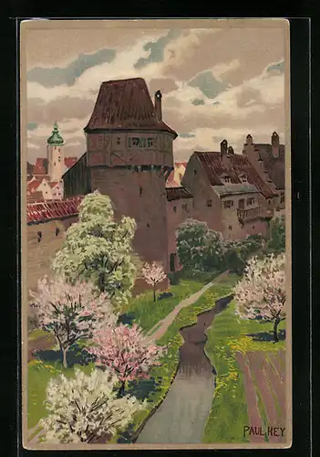 Künstler-Lithographie Paul Hey: Frühling an der Stadtmauer