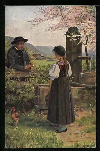 Künstler-AK Heinrich Hoffmann: Am Brunnen, Jungfer Mann mit Sträusschen für die Herzdame