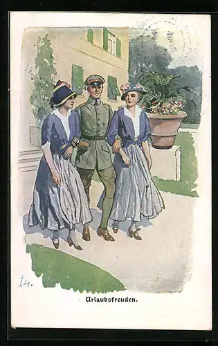 Künstler-AK Ernst Heilemann: Urlaubsfreuden, Soldat führt an jedem Arm eine hübsche Frau