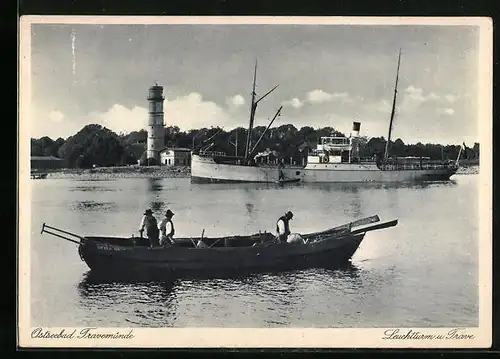 AK Travemünde, Leuchtturm an der Trave, Boot und Motorschiff