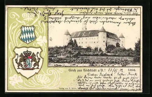 Passepartout-Lithographie Höchstädt a. D., Schloss, Wappen, geprägte florale Ornamente