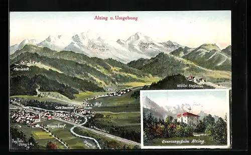 Künstler-AK Eugen Felle: Alzing, Ortsansicht mit Umgebung, Genesungsheim Alzing