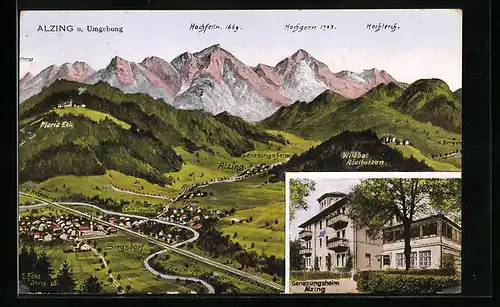 Künstler-AK Eugen Felle: Alzing, Gesamtansicht mit Umgebung, Genesungsheim Alzing