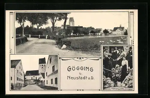 AK Gögging bei Neustadt a. D., Teilansicht mit Strasse, Ortspartie, Römerquelle mit Besuchern