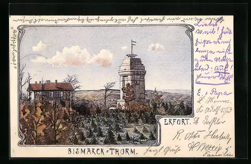 Künstler-AK Erfurt, Bismarck-Thurm mit jungen Tannen und Haus
