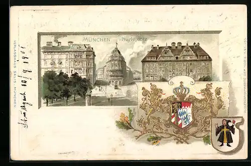 Passepartout-Lithographie München, Karlsplatz, geprägtes Wappen, Münchener Kindl