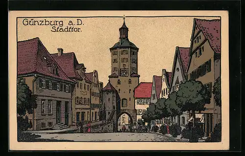 Steindruck-AK Günzburg a. D., Blick zum Stadttor