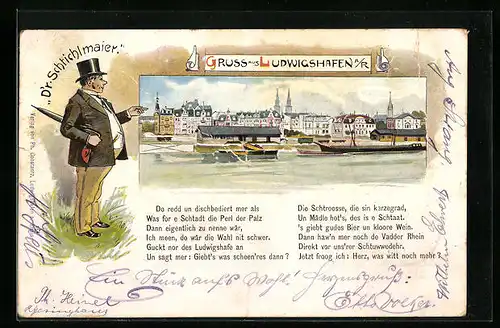 Lithographie Ludwigshafen a. Rh., Totalansicht vom Rhein aus