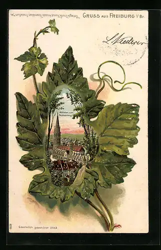 Passepartout-Lithographie Freiburg i. Br., Münster vom Schlossberg gesehen, Eichenblatt